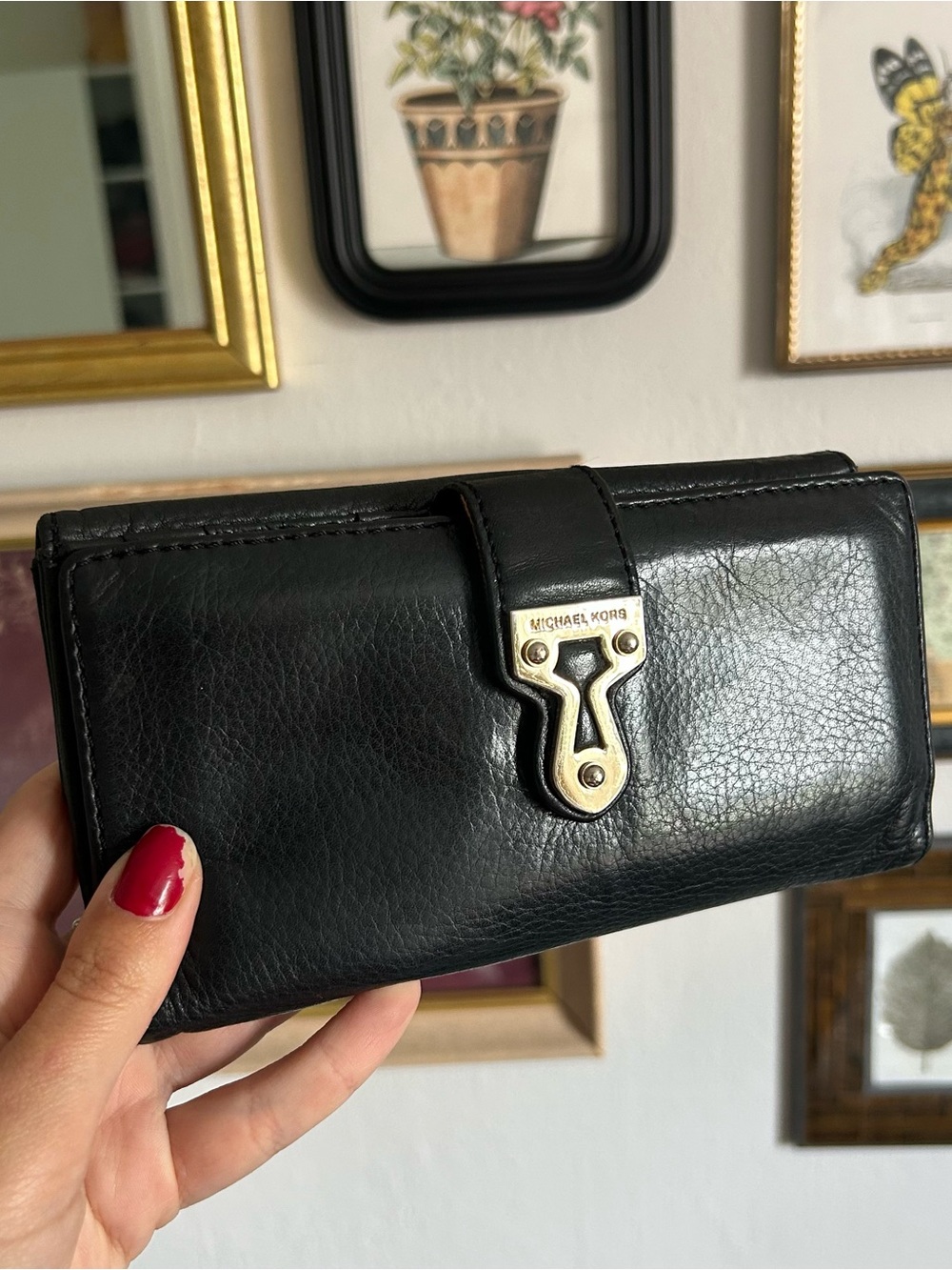 Michael Kors Vintage Black Leather Card Holder with Gold-Tone Clasp